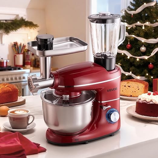 VEVOR Stand Mixer, 6 QT Electric Kitchen Mixer, 660W Dough-Mixer, 6+P Speeds Tilt-head Food-Mixer with 1.6 QT Blender Cup, Stainless Steel Bowl, Dough Hook, Whisk, Beater, for Baking, Mixing, Red