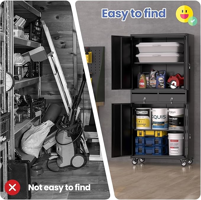 GarveeHome 73'' Metal Storage Cabinet, Heavy Duty Garage Storage with Wheels, Locking Doors and 2 Drawers, Adjustable Shelves, Black