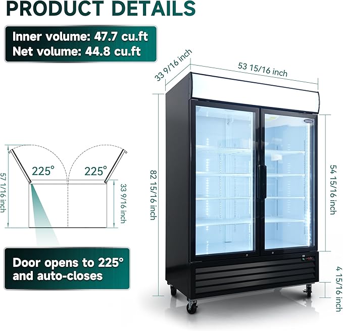 54" Commercial Display Freezer with 2 Glass Door - 44.7 Cu.ft Capacity, Digital Temperature Control, Auto Defrost, Freezer Top Sign, LED Lighting, Energy Efficient for Store & Supermarket