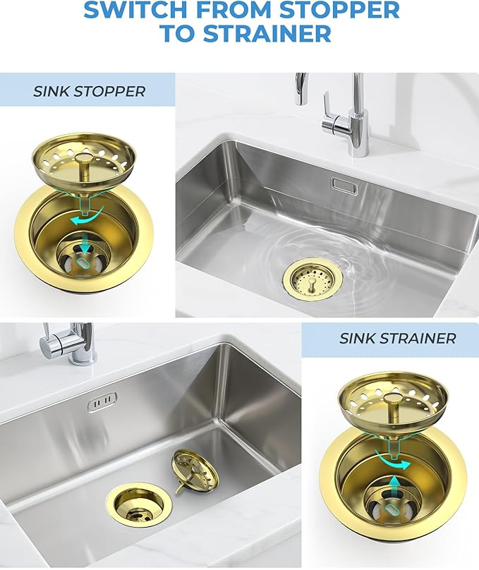 3-1/2 Inch Gold Kitchen Sink Drain Assembly Sink Drain Strainer with Stainless Steel Strainer Basket and Drain Stopper Replacement for Standard Kitchen Sink Drain, Stainless