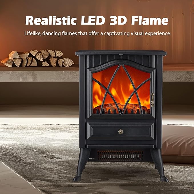 Freestanding Electric Fireplace Stove Heater, 1500W with Realistic 3D LED Flame Effect, Adjustable Brightness & Thermostat, 2 Heat Settings, Overheat Protection, for Home Indoor Use