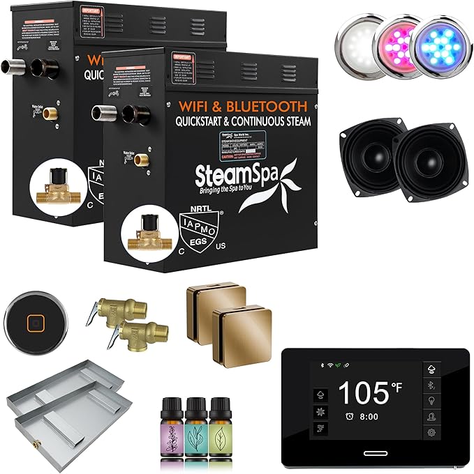 SteamSpa Steam System 21kW Steam Shower Generator with Bluetooth Wifi, Quickstart Continous Steam, Advanced Touch Pad Screen, Chroma Lights, Drain Pan and Auto Drain Gold RVBS2100GD-A