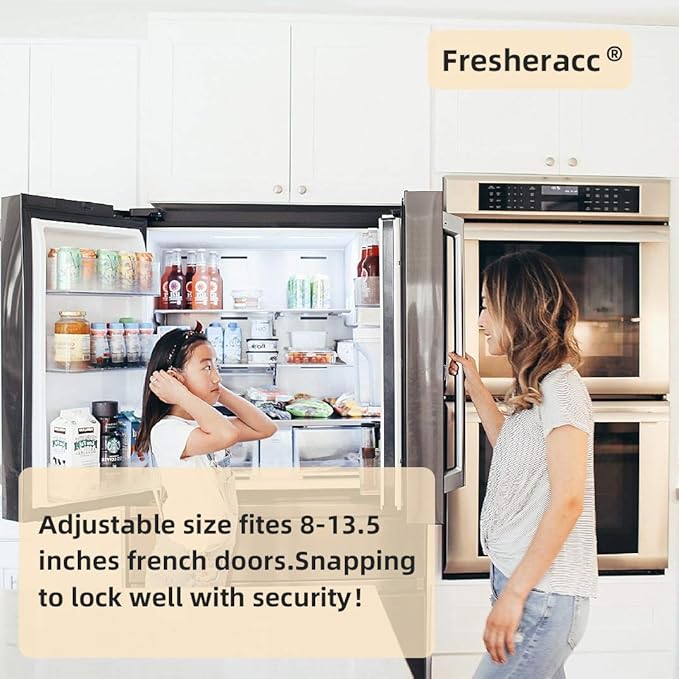 Fridge Freezer Refrigerator Cabinet Lock Latch, (2 Packs) Adjustable French Door Guard for Toddlers Children Kids Special Needs, No Drill No Screw No Adhesive (2 Packs Grey)