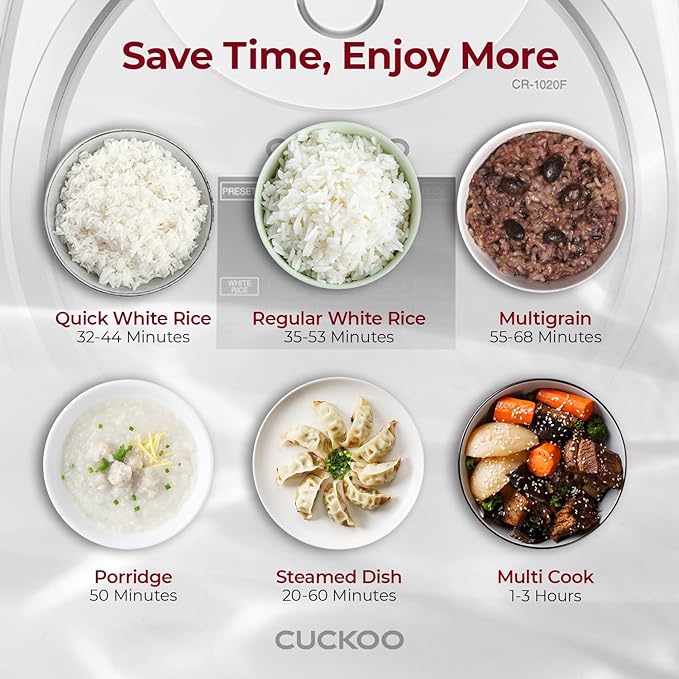 CUCKOO Micom Rice Cooker 10-Cup Uncooked / 20-Cup Cooked with Nonstick Inner Pot, Large Rice Maker with 16 Menu Options, Fuzzy Logic Technology, Auto Clean Mode, LCD Display, White (CR-1020F)