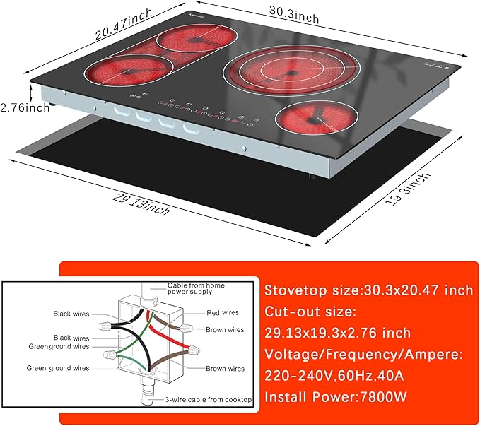 Karinear Electric Cooktop 30 Inch, 4 Burners Electric Stove Top, Flexible Bridge &Triple Ring Expandable Burners, Pause, Timer, Child Safety Lock, 7800W Built-in Ceramic Cooktop for 220-240V Hard Wire