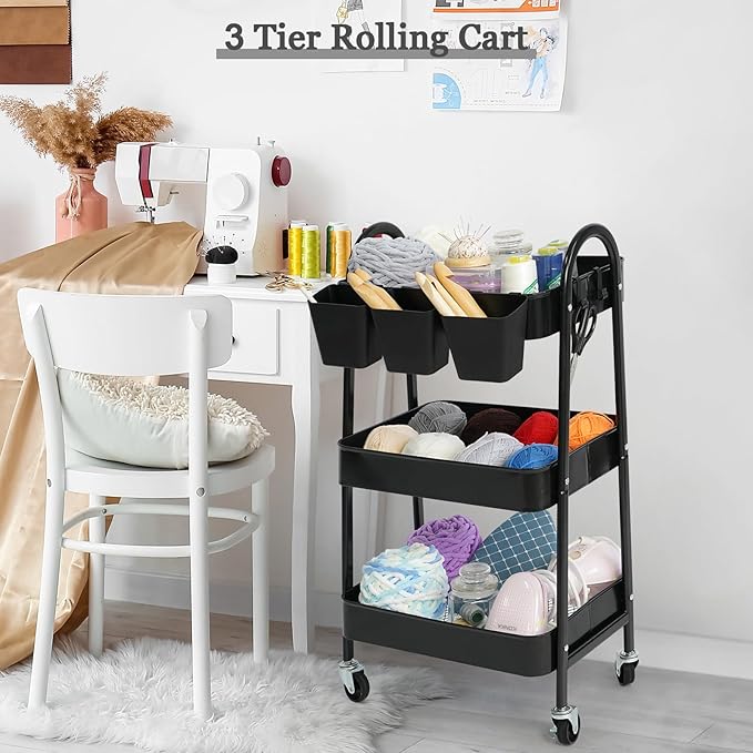 danpinera 3-Tier Rolling Cart, Utility Cart Mobile Metal Rolling Storage Cart with Lockable Wheels & Hanging Cups & Hooks for Kitchen, Bathroom, Office, Workshop, Black