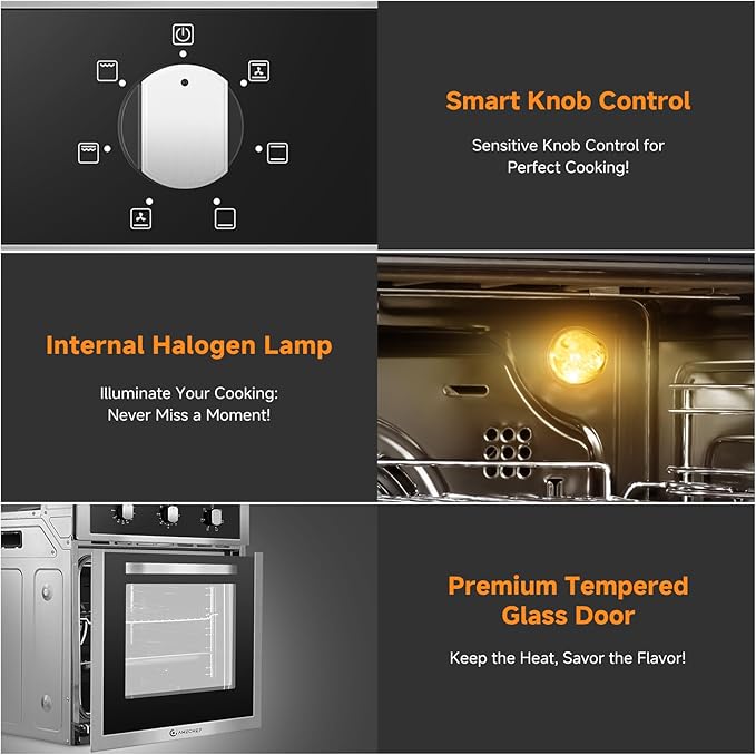 Wall Ovens 24 inch Electric, AMZCHEF 24 inch Wall Oven, 2200w Single Wall Oven with 6 Cooking Modes, 2.5 Cu.Ft. Electric Wall Oven, Convection Oven with Mechanical Knobs Control, Stainless Steel