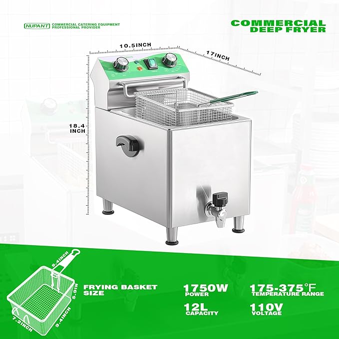 Deep Fryer with Basket and Lid Commercial Fryers with Oil Filtration and Timer 12L/12.7QT Electric Countertop Fryer Stainless Steel Single Tank Fryer for Home and Reastaurant Use 110V 1750W