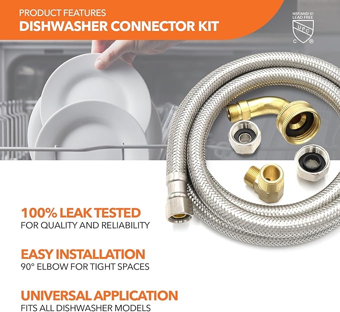 Universal Dishwasher Installation Kit, 3/8" Compression, 4ft long Braided Stainless Steel Hose + 3/4" Hose Bibb Elbow + 3/8" Compression Elbow & Compression Adaptor + 1/2" Compression Adaptor