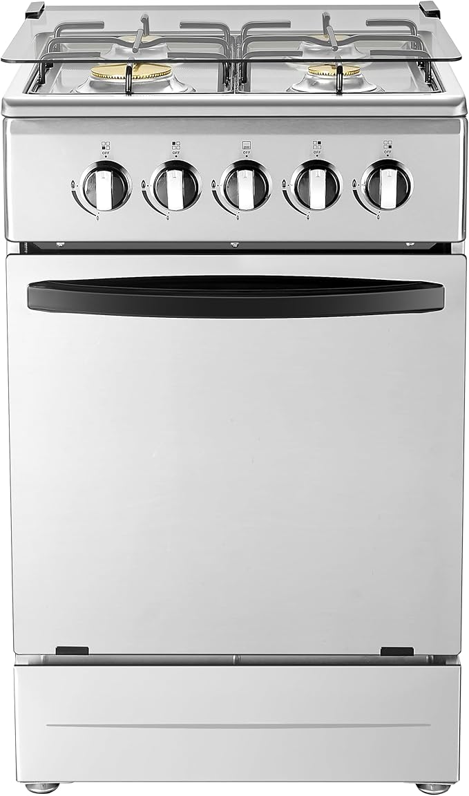 20" Free Standing Gas Stove Oven Range,4 Burner LPG Cooktop with 65L Oven, 201 Stainless Steel Body, Double Layer Mirror Surface Tempered Glass Door, Compact Design for Kitchen (NG-LPG Conversion Kit)