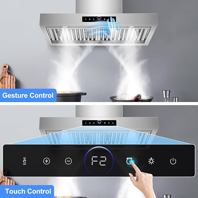 30 inch Range Hood Wall Mount, 1200 CFM with 4-Speed Gesture Sensing & Touch Control, Stainless Steel Ducted Kitchen Stove Vent Hoods with 2 LED Lights, Time Setting, Dishwasher-Safe Baffle Filters