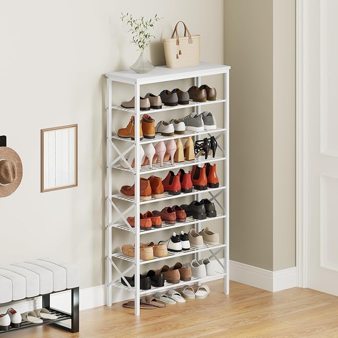 8 Tier Shoe Rack, Shoe Storage Organizer, Large Capacity Shoe Shelf Holds 32 Pairs of Shoes, Sturdy and Stable, for Entryway, Hallway, Closet, Dorm Room, White SS08WW