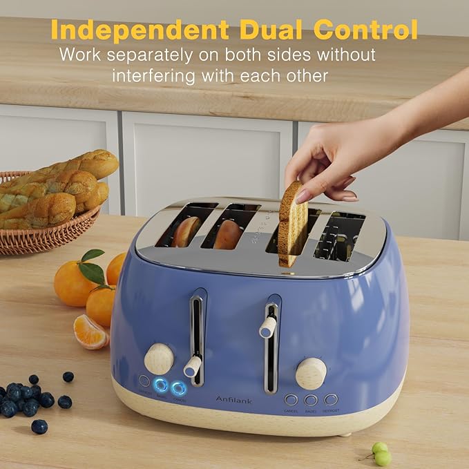 Toaster 4 Slice,Retro Stainless Steel Toaster with Extra Wide Slots Cancel, Bagel, Defrost Function, Dual Independent Control Panel, Removable Crumb Tray and High Lift Lever (Sapphire Blue)