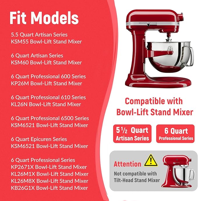 4-Piece Stainless Steel Accessory Set for KitchenAid 5-6 Qt Bowl-Lift Stand Mixers: 6-Wire Whip, Flat Beater & Spiral Dough Hook | Fits KP26, KL26, KB26, KSM55/60 | Heavy-Duty & Dishwasher Safe