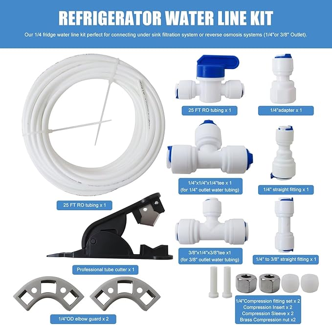 Refrigerator Water Line Kit Connection and 1/4 Compression Ice Maker Installation Kit,1/4" OD Tubing with Quick Connect Universal for GE LG Whirlpool Samsung Frigidaire