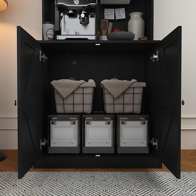 Vyre 71" Farmhouse Kitchen Pantry Cabinet, Black Freestanding Coffee Bar Hutch with Glass Doors & Adjustable Shelves, Large Storage Cabinet with Microwave Stand for Living Room & Kitchen
