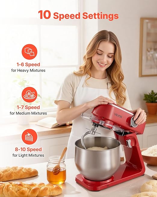 VEVOR Stand Mixer, 7.8 QT Electric Kitchen Mixer, 800W Dough-Mixer, 10 Speeds Tilt-head Food-Mixer with Stainless Steel Bowl, Dough Hook, Whisk, Beater, for Baking, Mixing, Whipping & Kneading, Red
