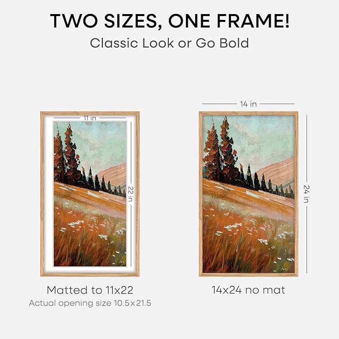Homeforia 14x24 Picture Frame Natural Wood, High End Oak 14x24 Light Wooden Poster Frame with Mat 11x22, 14 x 24 Frames Matted to 11 x 22 Photo, 24x14 Hanging Frame, Tempered Glass, Wall Kit, Set of 2