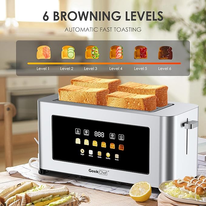 Geek Chef Toaster 4 Slice, Long Slots 1.5" Extra Wide Slots for Bagels & Waffles, TouchScreen, 6 Browning Levels, Timer, Defrost, Cancel Function, Auto Shut-Off, Removable Crumb Tray, Stainless Steel