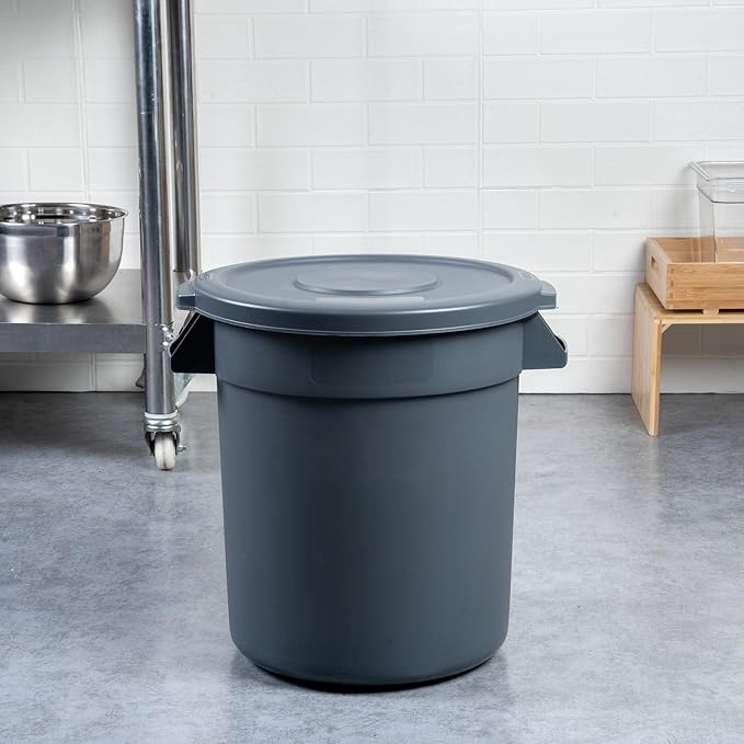Restaurantware-LID ONLY: RW Clean Waste Container Lid, 1 Round Trash Can Cover - Waste Bin Sold Separately, For 10 Gallon Dustbin, Built-In Handle, Gray Plastic Garbage Can Cover, Heavy-Duty