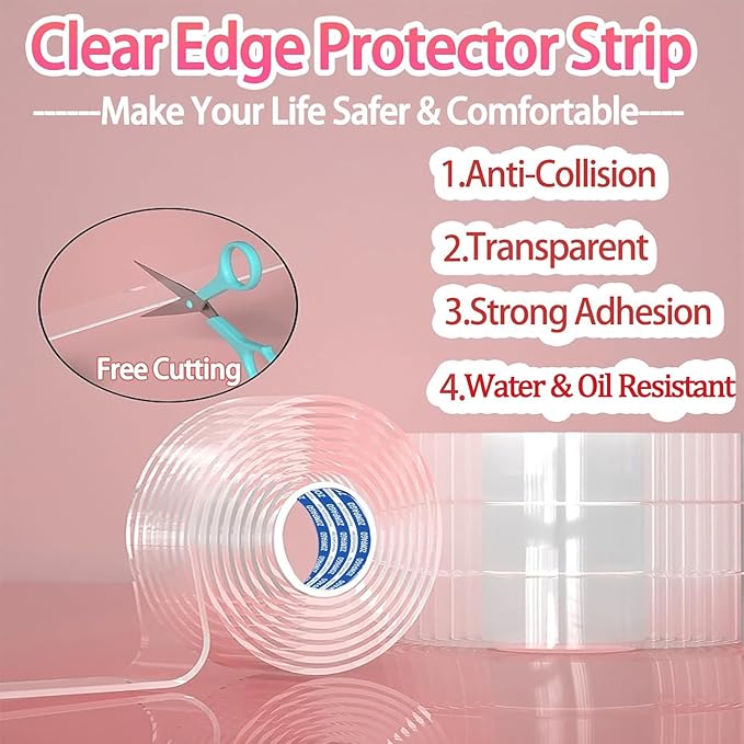 Clear Baby Edge & Corner Protector Strip - 2 Rolls, 1.18 in × 13 FT Self-Adhesive Safety Bumper, Transparent Anti-Collision Guard for Table, Cabinet, Furniture & Wall | Baby Proofing Essential