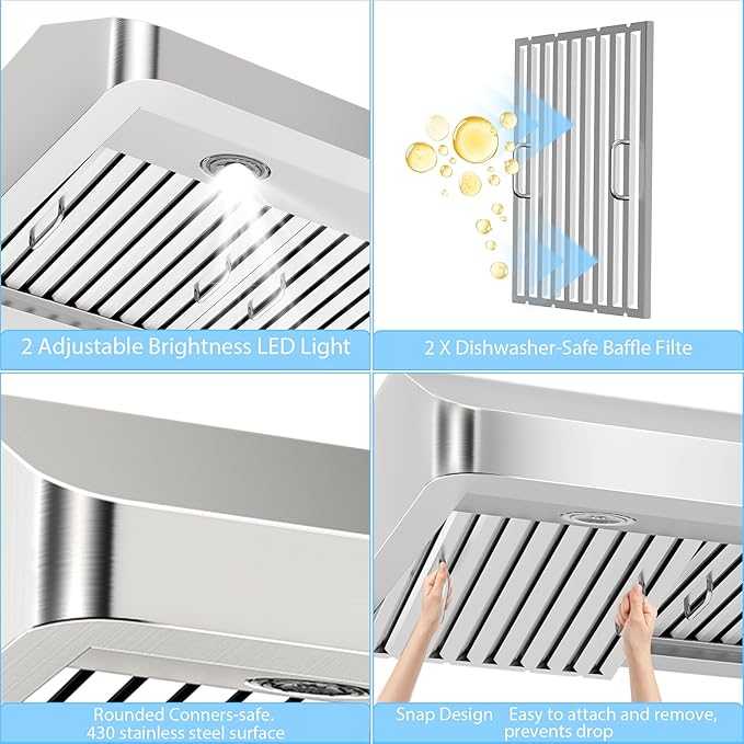30 inch Under Cabinet Range Hood 1200 CFM with 4-Speed Gesture Sensing & Touch Control, Stainless Steel Kitchen Stove Vent Hoods with 2 LED Lights, Time Setting, Dishwasher-Safe Baffle Filters
