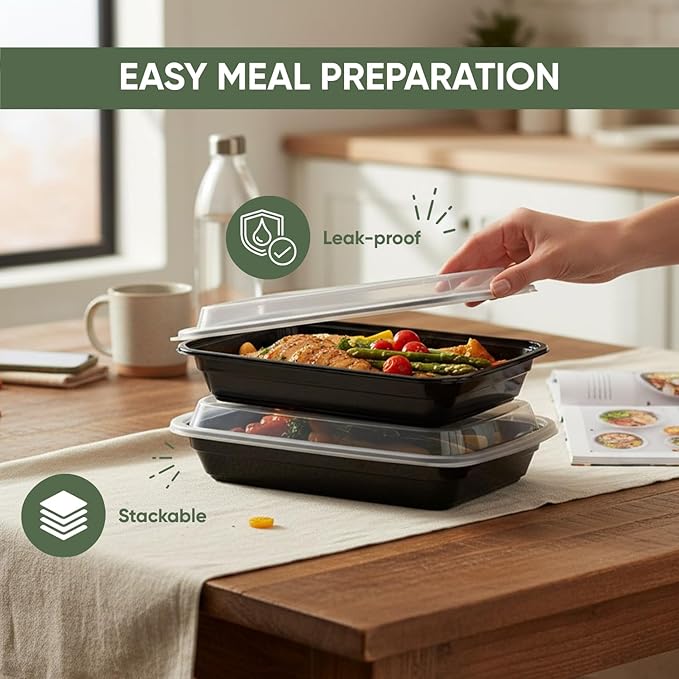 24 oz 50 Pack Meal Prep Containers BPA Free Leakproof Stackable Food Storage Containers with Lids, Microwave & Dishwasher Freezer Safe Reusable To Go Containers Bento Box Style Take Out Clear Plastic