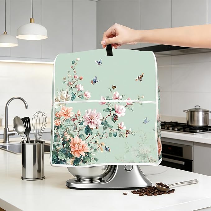 Stand mixer cover with handle and storage bag, reusable and washable, stylish retro floral design, keeps kitchen countertops clean and tidy (fits 6-8 quart mixers).