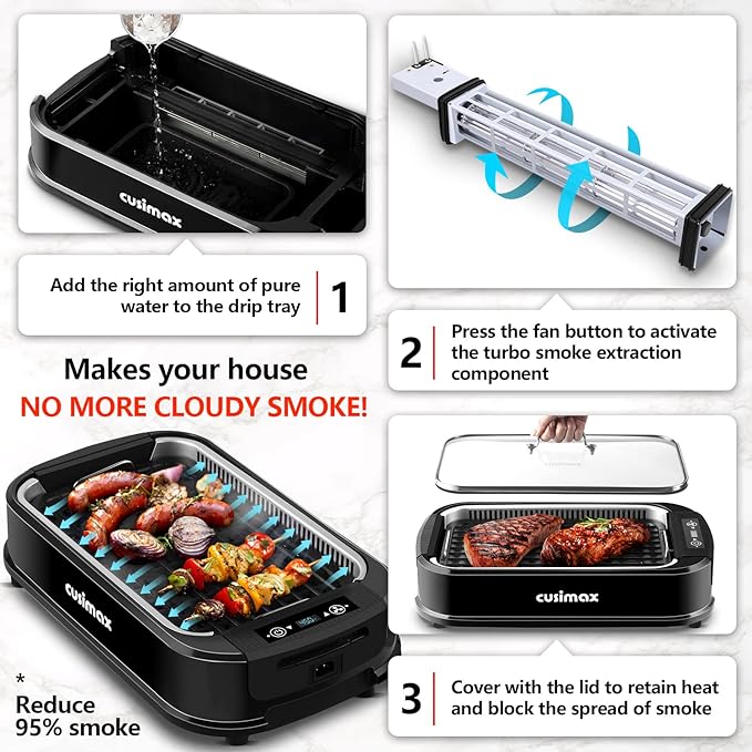 CUSIMAX Indoor Grill, Electric Smokeless Grill, 1500W Korean BBQ Grill, Electric Griddle with LED Smart Display & Tempered Glass Lid, Non-stick Removable Plate & Griddle Plate, Black