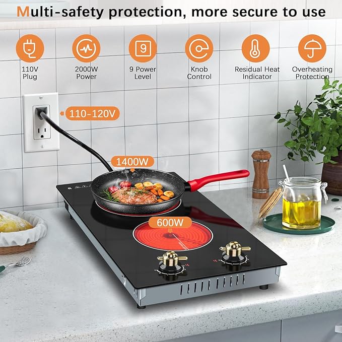 Karinear 110V Electric Cooktop 2 Burners Electric Stove 12 Inch Knob Control Countertop & Built-in Ceramic Cooktop, 9 Heating Level, Hot Warning, Over-Temperature Protection(Gold Knob)