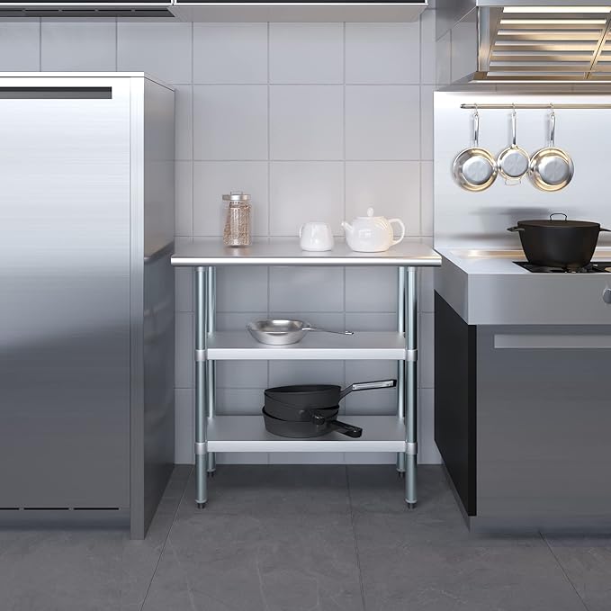 AmGood Stainless Steel Work Table with 2 Shelves | NSF | Metal Utility Table (36" Long x 18" Deep)