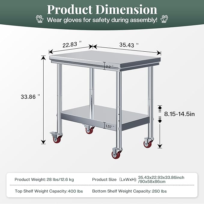 Jocisland 24" x 36" Stainless Steel Table for Prep & Work with Wheels, Adjustable Under Shelf & Safe Design for Restaurant, Home and Outdoor