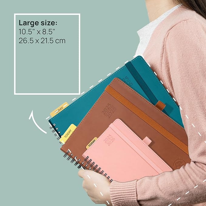 POPRUN Planner 2025-2026 (Large - 8.5'' x 10.5'') Academic Weekly Calendar (July 2025 - June 2026) with Hourly Time Slots, Monthly Tabs, 100GSM Thick Papers, Spiral Leather Cover - Black