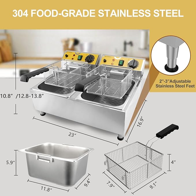 Dual Tank Deep Fryer 20L(21.1Qt) 3500 W Fast Heating, with Basket and Lid, 304SS Electric Large Deep Fryer for Home and Commercial, Countertop Deep Fryers