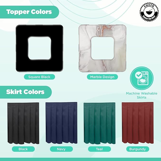 Marble Design Square Garbage Can Cover - Solid Pleated Skirt Topper for 32-35 Gallon Indoor Trash Bins - Black Skirt