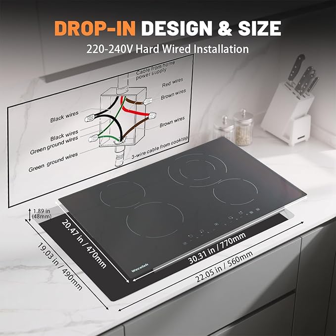 Electric Cooktop, 30 Inch Built-in Ceramic Cooktops 6400W, Electric Stove Top with 4 Burners 220-240V(No Plug), 9 Heating Levels, Child Lock, Sensor Touch Control, Residual Heat Warning