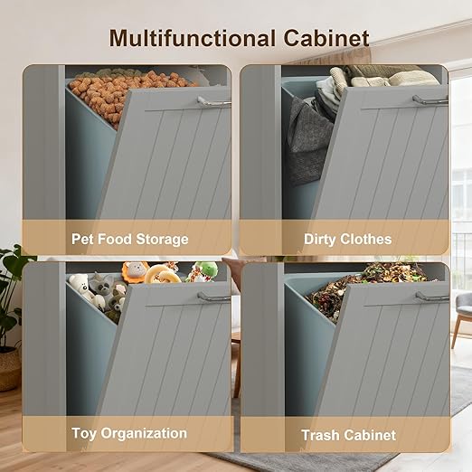 Tilt Out Trash Can Cabinet with Double Hidden Can Holder, Kitchen Free Standing Recycling Cabinet, Dog Proof, Wood, Gray
