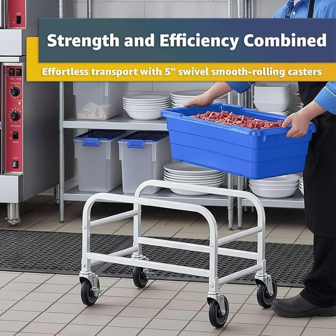 16"x26"x19" Mobile Aluminum Lug Rack with Yellow Meat Lug Tote Box - NSF Heavy-Duty 1 Lug Capacity Food Storage Cart with 5" Swivel Casters, Freezer Safe, Commercial Cart for Seafood, Ingredients