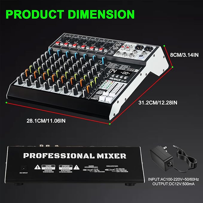 Audio Mixer 8 Channel Professional Sound Mixer Console with 99 DSP Effects, Mixing Board DJ Mixer w/USB, Bluetooth, 48V Power Supply, PAD Button for Recording Karaoke PA Drum Live Music