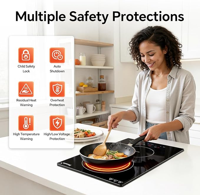 Ranein Induction Cooktop 12 Inch, Build-in 2 Burners Electric Stove Top, 9 Power Settings, Max 1800W, Sensor-Control Induction Hob with Multiple Safety Protections, Compatible with Magnetic Cookers