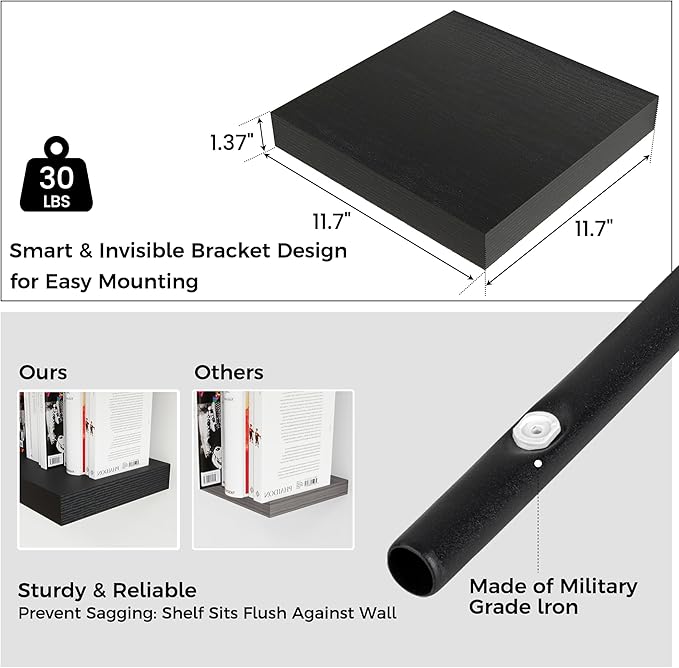 Square Floating Shelves for Wall 12"W x 12"D x 1.4"H, Small Engineered Wood Wall Shelves with Invisible Brackets for Living Room Bedroom Bathroom Office Kitchen Storage Decor, Black Finish, Set of 3
