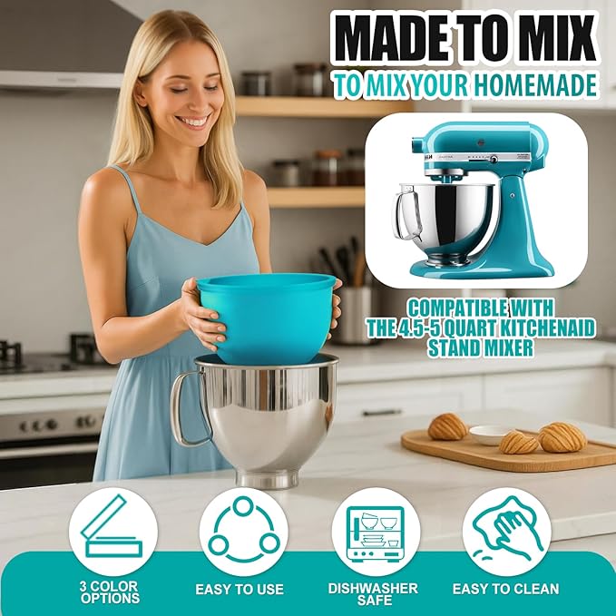Upgraded 4.5-5QT Silicone Bowl Liners for KitchenAid Mixer, Thick Design with Pour Spout, Measurement Marks & Hanging Holes for Easy Storage, 3-Pack with Lids, No-Spill & Space-Saving