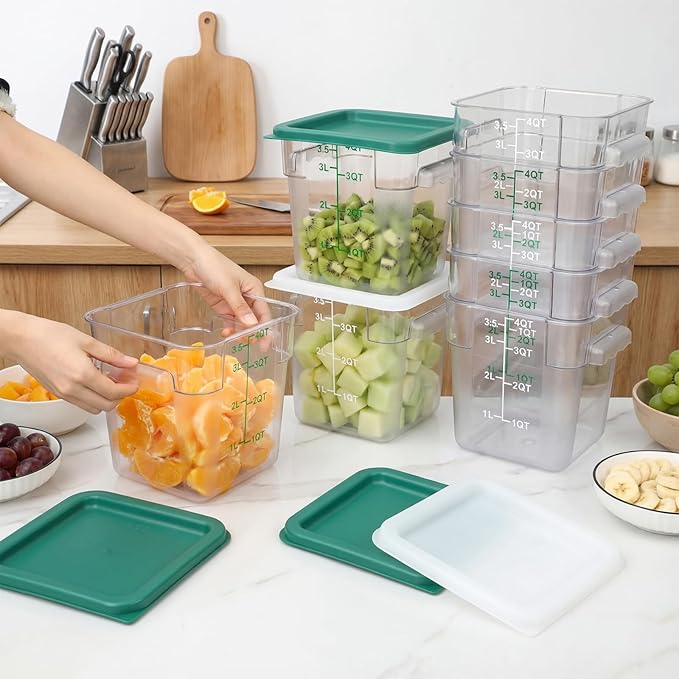 Lallisa 8 Pack 4 Qt Clear Food Storage Container with Handles and Lid Commercial Grade Square Food Containers with Lids Polycarbonate Storage Container for Home Kitchen Restaurant (White and Green)