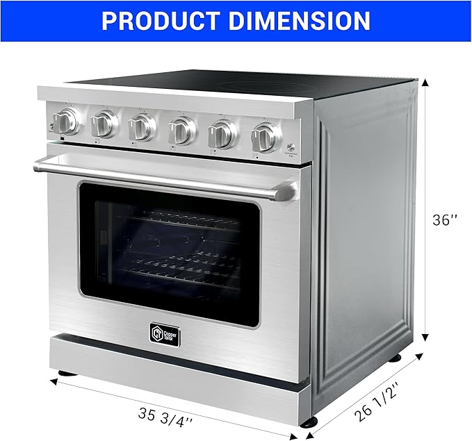 CT Copper Tailor 36 Inch Electric Range with Convection Oven,6.0 cu. ft. Capacity,5 Cooktop Elements, Freestanding Oven, in Stainless Steel