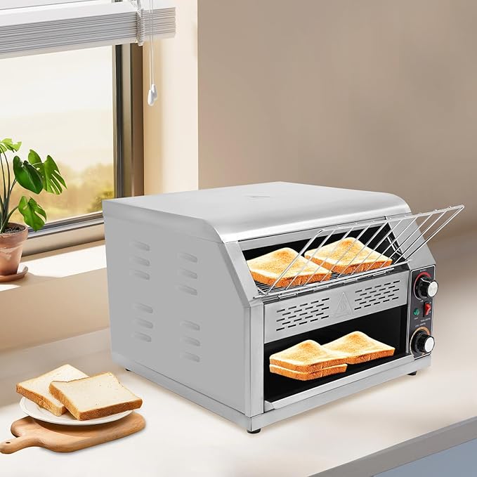 2400W Stainless Steel Countertop Bread Oven, Commercial Toaster Conveyor with Three Heating Modes & 7-Level Speed Control, 450 Slices/h, Rotating Toasters Oven for Toasting Bread, Sandwiches