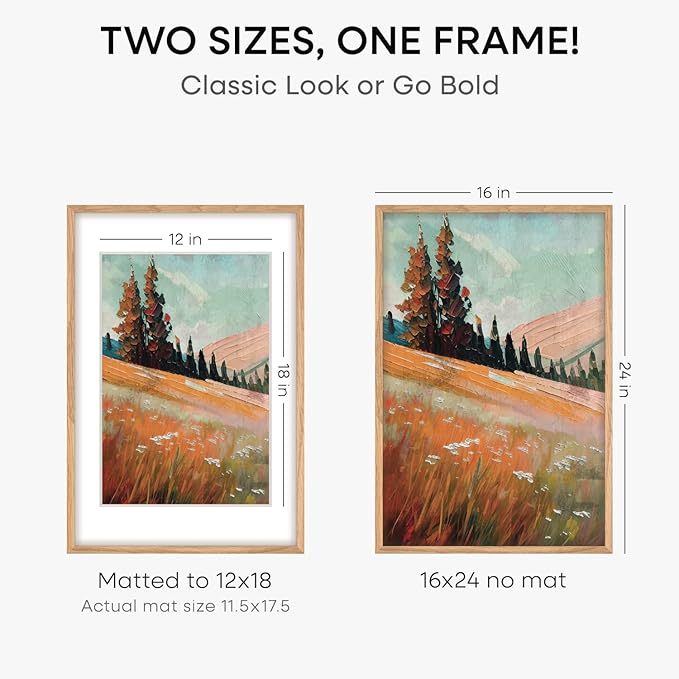 Homeforia Picture 16x24 Wood Frame, High End Natural Oak 16x24 Light Wooden Poster Frame with Mat 12x18, 16 x 24 Frames Matted to 12 x 18 Photo, 24x16 Hanging Frame, Tempered Glass, Wall Kit, Set of 4