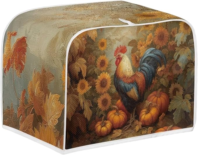 UNICEU Fall Toaster Cover 4 Slice Rooster Pumpkin Sunflower Print Stain Resistant Dust Proof Cover for Bread Maker Washable Kitchen Small Appliance Covers