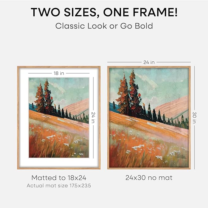 Homeforia 24x30 Picture Frame Wood, High End Natural Oak 24 x 30 Frame with Mat 18 by 24, 24x30 Light Wooden Poster Frames Matted to 18x24 Photo, 30by24 Large Frame, Tempered Glass, Wall Kit, Set of 2