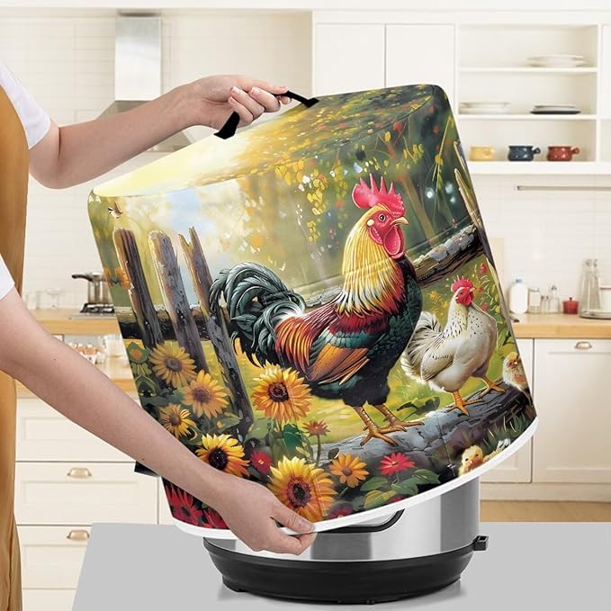 Small Appliance Covers for 3 Quart Air Fryer & Pressure Cooker Air Fryer Cover Dust Cover, Easy to Clean Kitchen Appliance Accessories with Pockets, Rooster Flower