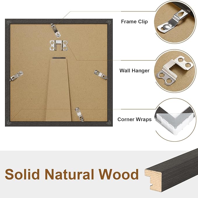 Vittanly 8x8 Picture Frame Set of 2, Solid Wood Frame for Wall or Tabletop, Display Photo 4x4 with Mat or 8x8 without Mat, Black